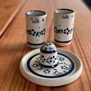 Set 4 Valle de Bravo Hand Painted Ceramic Liquor Shot Glasses Salt Pepper Shaker